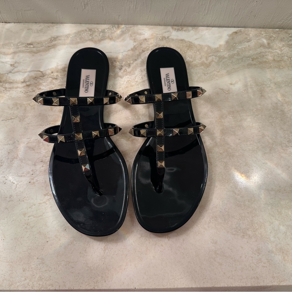 Valentino Black and Gold Studded Sandals